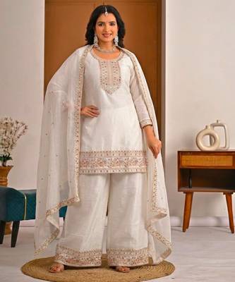 White silk blend embroidered palazzo set 1