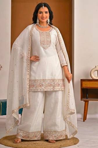 White silk blend embroidered palazzo set
