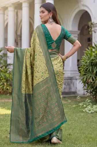 PARROT GREEN ART SILK BANARASI JACUARD WORK SAREE WITH UNSTITCHED BLOUSE PIECE