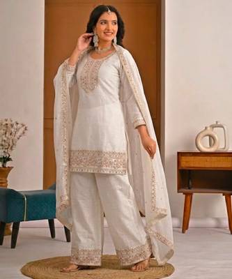 White silk blend embroidered palazzo set 2