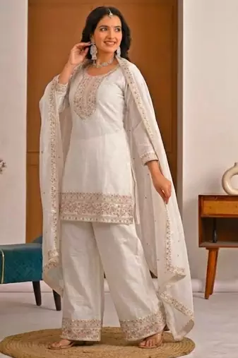 White silk blend embroidered palazzo set