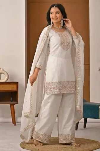 White silk blend embroidered palazzo set