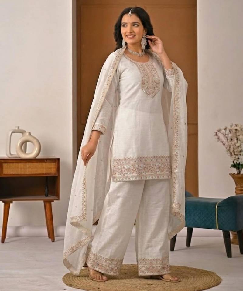 White silk blend embroidered palazzo set