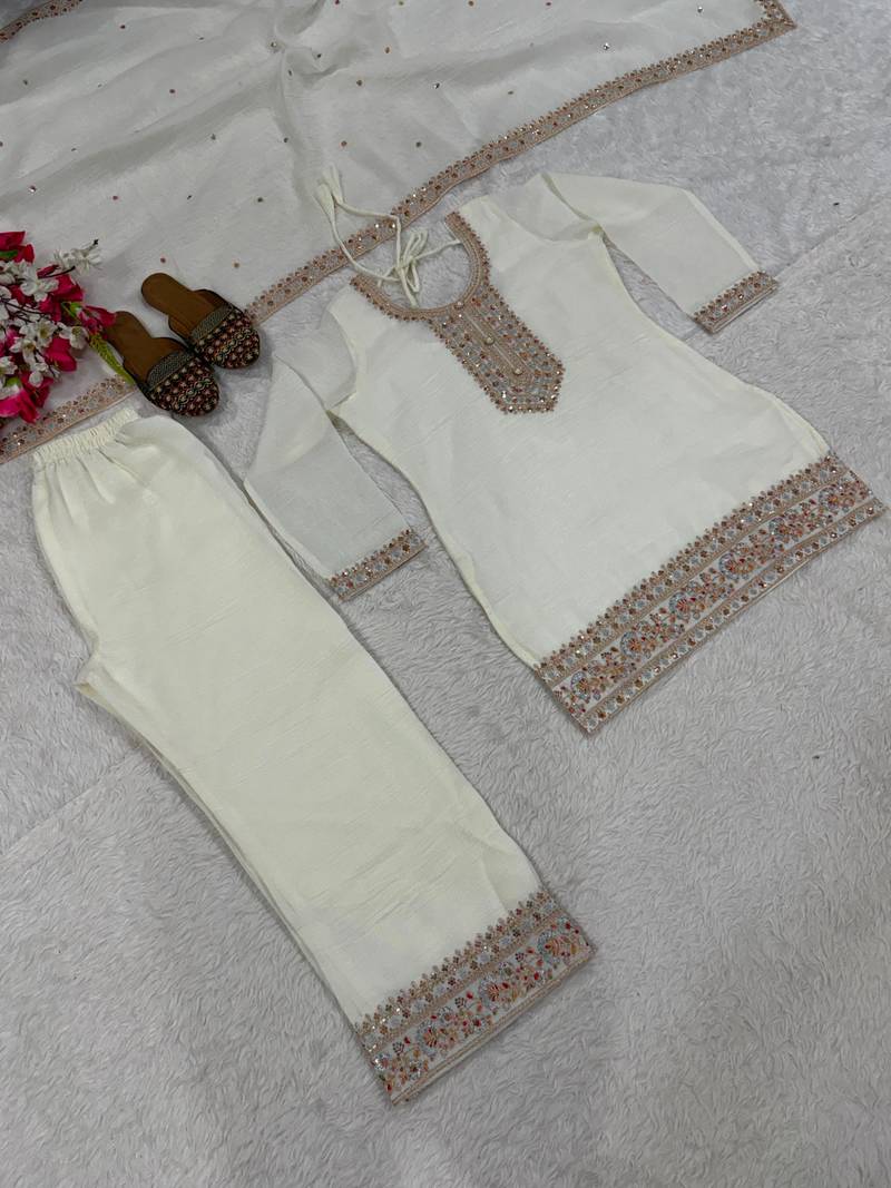 White silk blend embroidered palazzo set