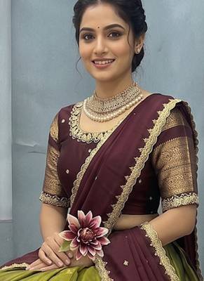Olive Green Half Saree Set with Maroon Embroidered Blouse & Dupatta 2