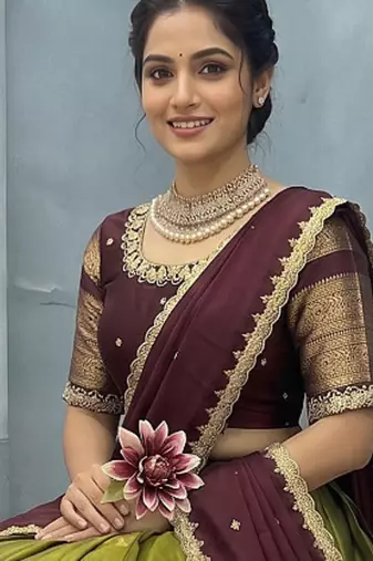 Olive Green Half Saree Set with Maroon Embroidered Blouse & Dupatta