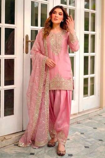 Pink silk blend embroidered farshi salwar set