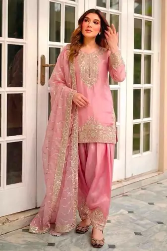 Pink silk blend embroidered farshi salwar set
