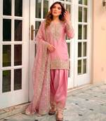 Pink silk blend embroidered farshi salwar set