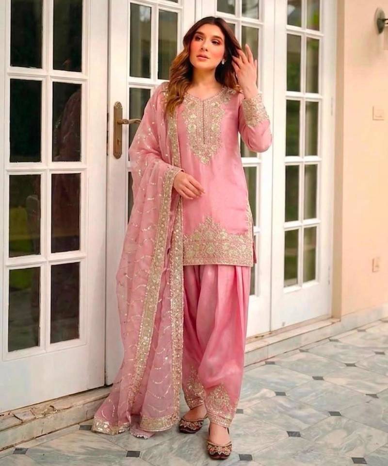 Pink silk blend embroidered farshi salwar set