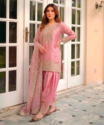 Pink silk blend embroidered farshi salwar set 2