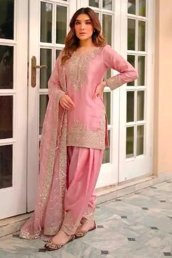 Pink silk blend embroidered farshi salwar set