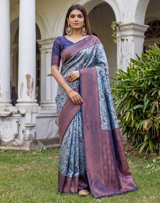 TURQUOISE  ART SILK BANARASI JACUARD WORK SAREE WITH UNSTITCHED BLOUSE PIECE 1