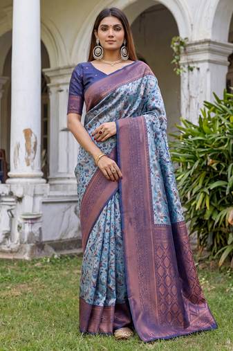 TURQUOISE  ART SILK BANARASI JACUARD WORK SAREE WITH UNSTITCHED BLOUSE PIECE