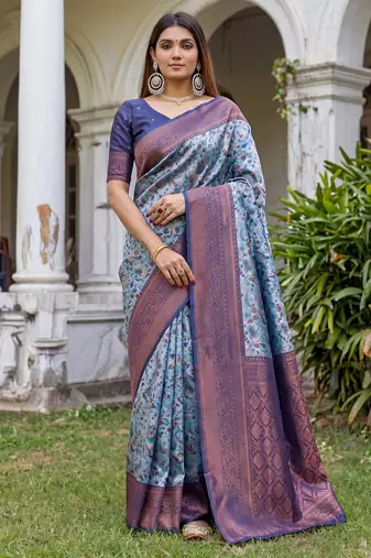 TURQUOISE  ART SILK BANARASI JACUARD WORK SAREE WITH UNSTITCHED BLOUSE PIECE