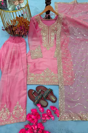 Pink silk blend embroidered farshi salwar set
