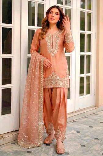 Peach silk blend embroidered farshi salwar set