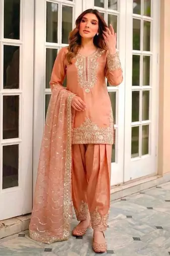 Peach silk blend embroidered farshi salwar set
