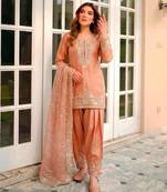 Peach silk blend embroidered farshi salwar set