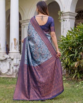 TURQUOISE  ART SILK BANARASI JACUARD WORK SAREE WITH UNSTITCHED BLOUSE PIECE 2
