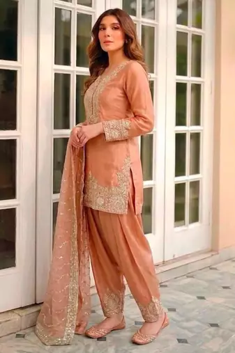 Peach silk blend embroidered farshi salwar set