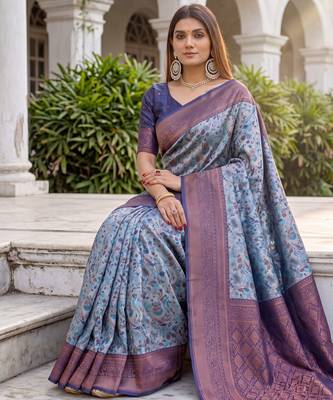TURQUOISE  ART SILK BANARASI JACUARD WORK SAREE WITH UNSTITCHED BLOUSE PIECE 3