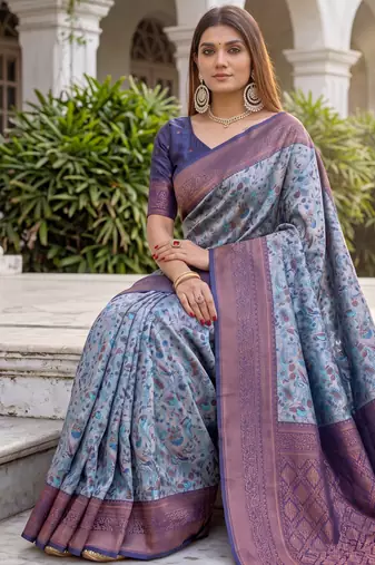 TURQUOISE  ART SILK BANARASI JACUARD WORK SAREE WITH UNSTITCHED BLOUSE PIECE