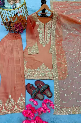 Peach silk blend embroidered farshi salwar set