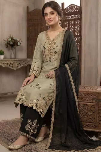 Olive silk blend embroidered palazzo set