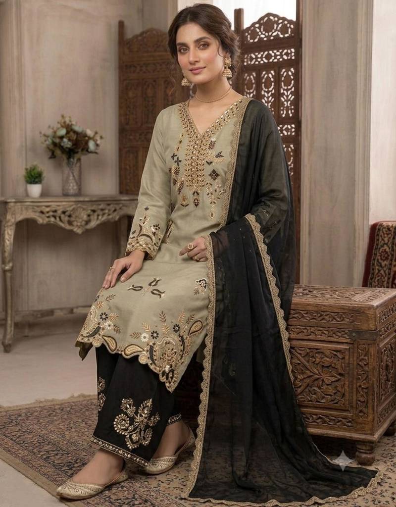 Olive silk blend embroidered palazzo set