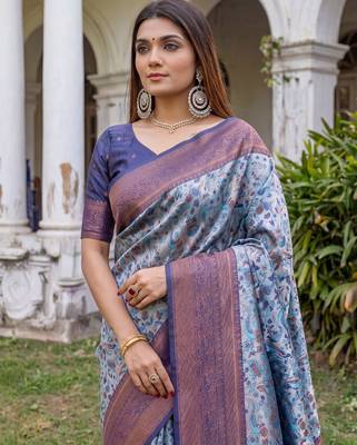 TURQUOISE  ART SILK BANARASI JACUARD WORK SAREE WITH UNSTITCHED BLOUSE PIECE 4