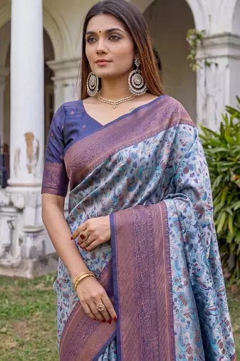 TURQUOISE  ART SILK BANARASI JACUARD WORK SAREE WITH UNSTITCHED BLOUSE PIECE