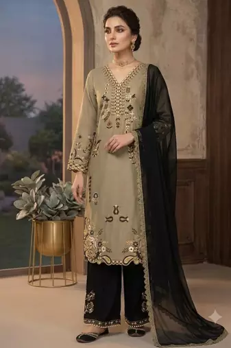 Olive silk blend embroidered palazzo set