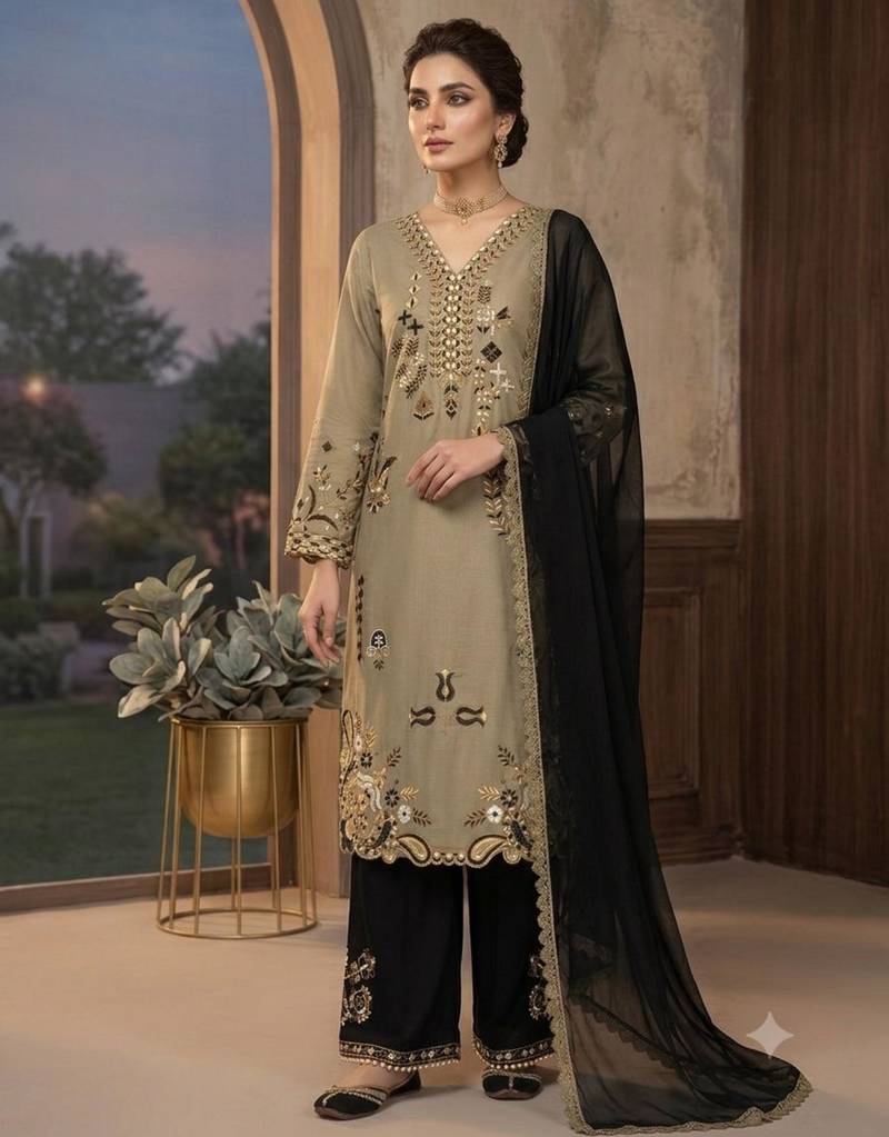 Olive silk blend embroidered palazzo set