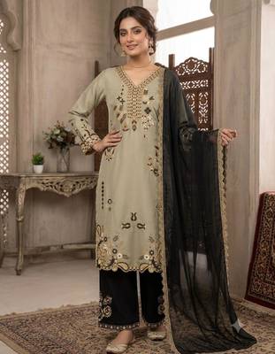 Olive silk blend embroidered palazzo set 1