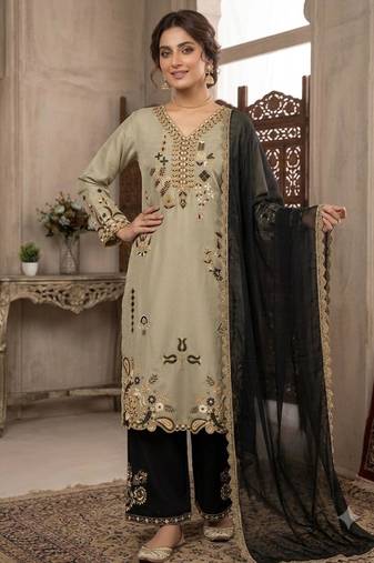 Olive silk blend embroidered palazzo set