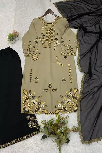 Olive silk blend embroidered palazzo set
