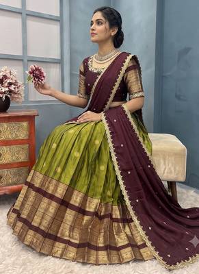 Olive Green Half Saree Set with Maroon Embroidered Blouse & Dupatta 3