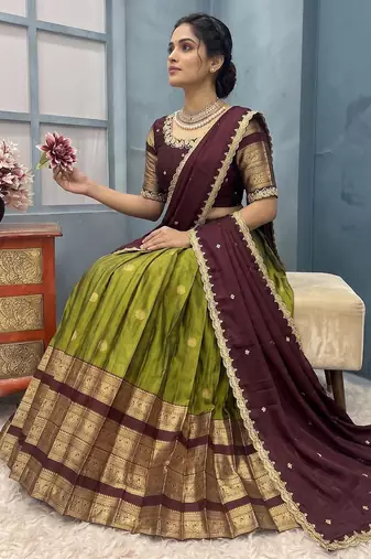 Olive Green Half Saree Set with Maroon Embroidered Blouse & Dupatta