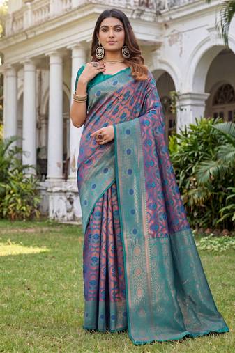 TURQUOISE ART SILK BANARASI JACUARD WORK SAREE WITH UNSTITCHED BLOUSE PIECE