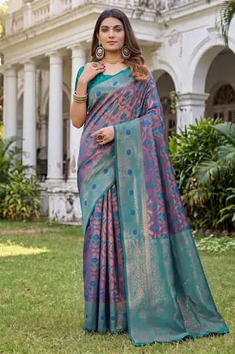 TURQUOISE ART SILK BANARASI JACUARD WORK SAREE WITH UNSTITCHED BLOUSE PIECE