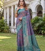 TURQUOISE ART SILK BANARASI JACUARD WORK SAREE WITH UNSTITCHED BLOUSE PIECE