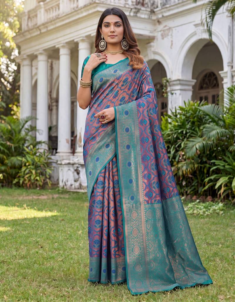 TURQUOISE ART SILK BANARASI JACUARD WORK SAREE WITH UNSTITCHED BLOUSE PIECE