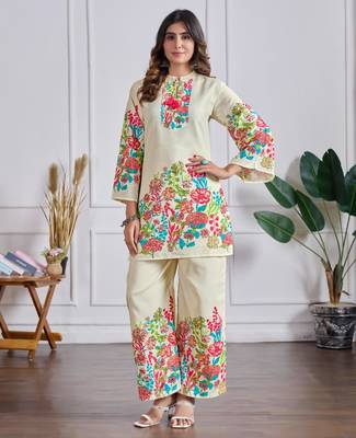 Beige cotton silk printed kurta set 1