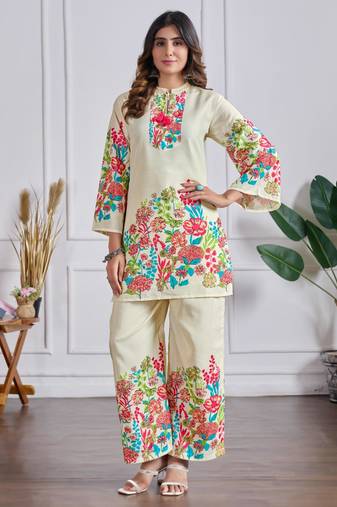 Beige cotton silk printed kurta set