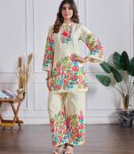 Beige cotton silk printed kurta set
