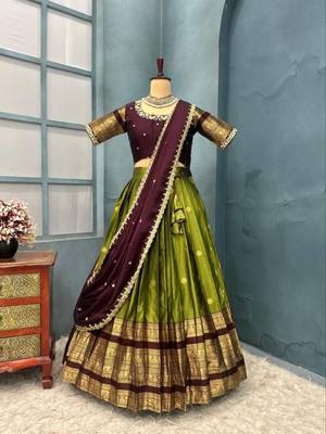 Olive Green Half Saree Set with Maroon Embroidered Blouse & Dupatta 4