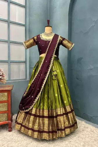 Olive Green Half Saree Set with Maroon Embroidered Blouse & Dupatta