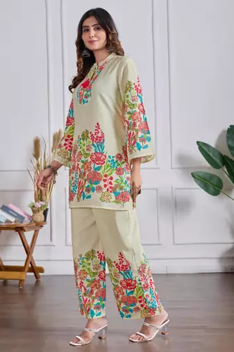 Beige cotton silk printed kurta set
