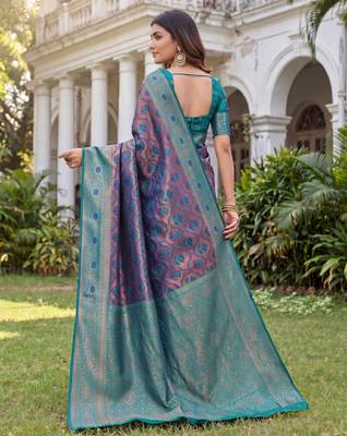 TURQUOISE ART SILK BANARASI JACUARD WORK SAREE WITH UNSTITCHED BLOUSE PIECE 2